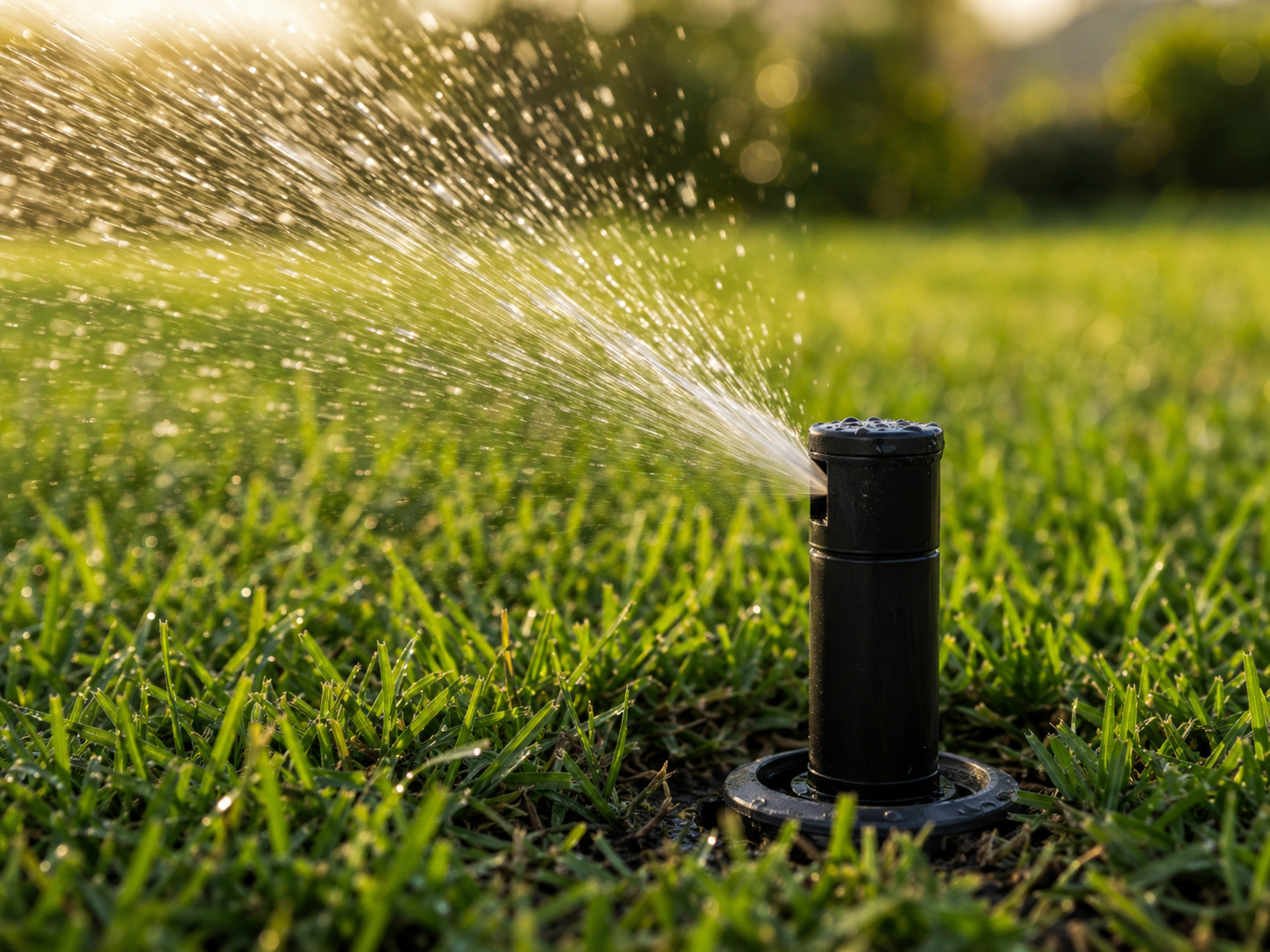 Detail výsuvného zahradního sprinkleru při zavlažování